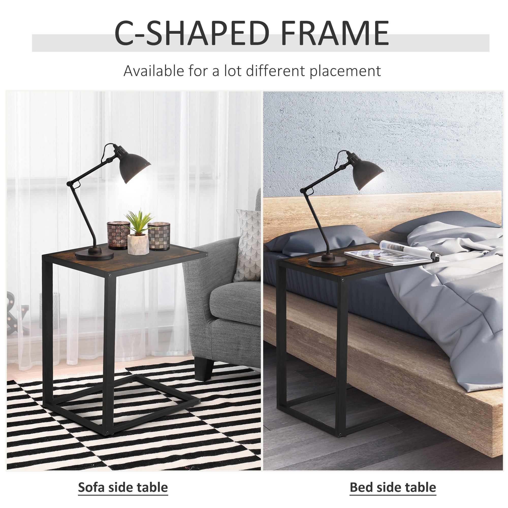HOMCOM C-Shaped Side Table, Bedside Table with Metal Frame, Accent Sofa Couch Table for Living room, Bedroom, Brown and Black